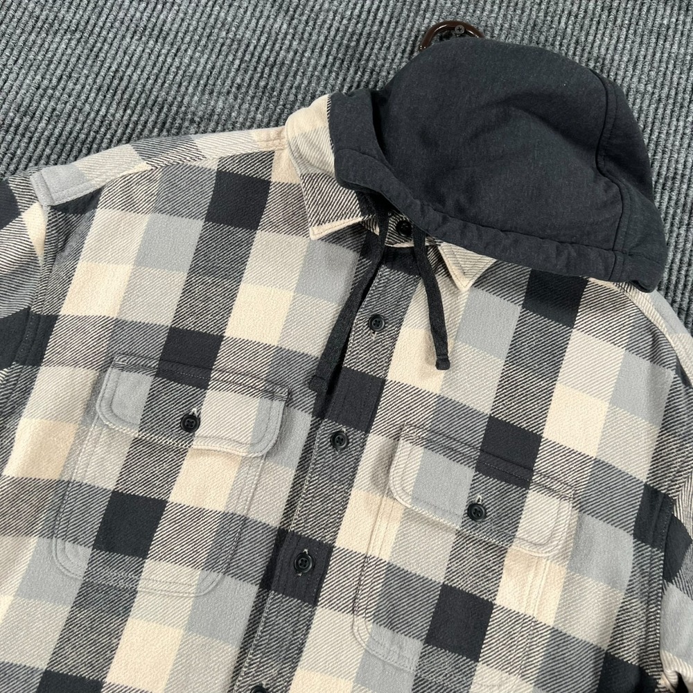 American Eagle Sweatshirt Mens Medium Gray Plaid Long Sleeve Hooded Button Up